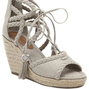 Rampage Wedge Espadrille Sandals Lace Up Ankle Sz 9 Beige Beaded Tassels READ‎